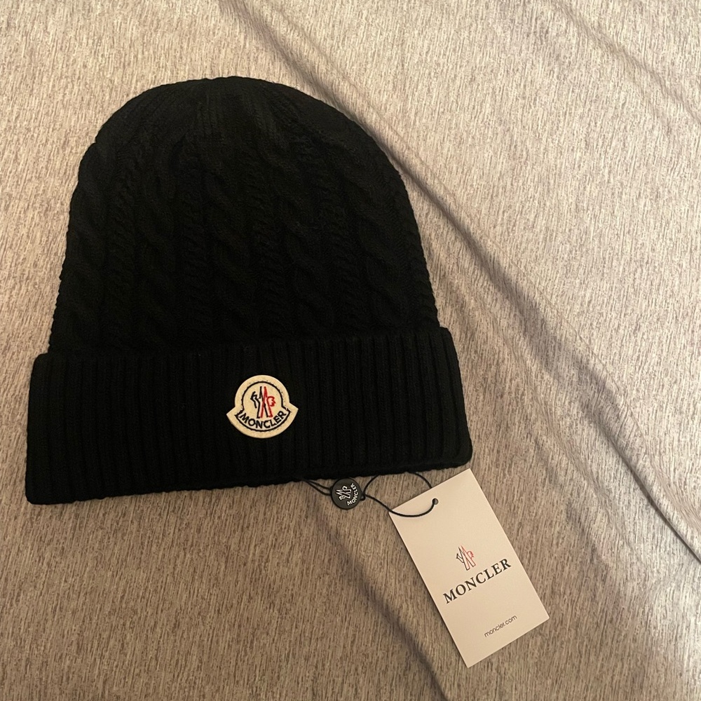 Moncler Black Winter Hat with Logo Patch